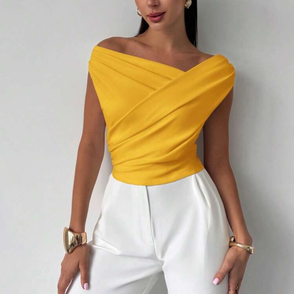 Elegant Yellow Off-Shoulder Asymmetrical Neck Blouse